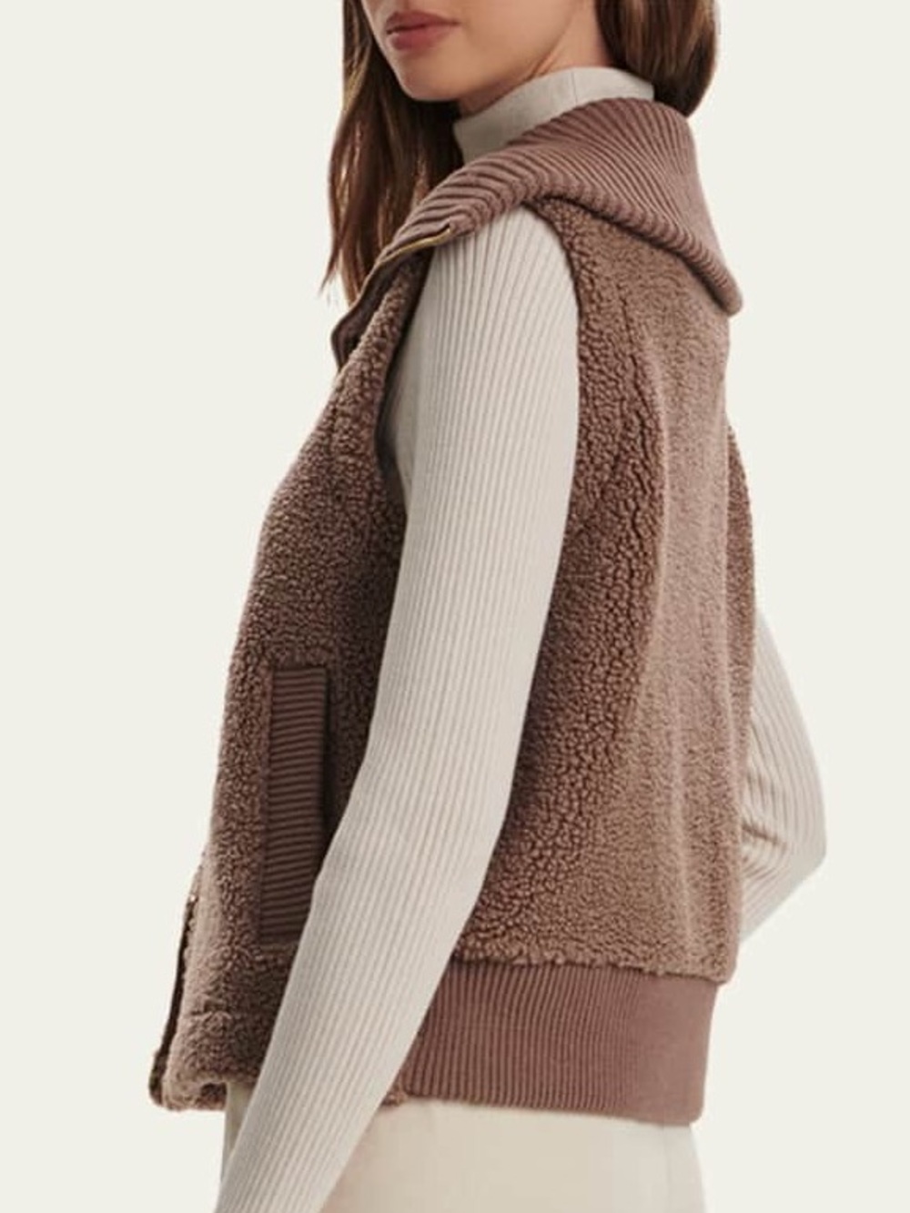 Varley Aspen Bouclé Sherpa Zip-Up Ribbed Collar Vest Gilet, Ash Taupe, Size M - Picture 2 of 10